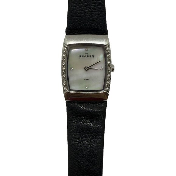 Skagen Denmark Steel Diamond Mother or Pearl Face Women's Watch Black Leather - Picture 1 of 7